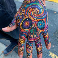 Skull Hand Tattoo Tattoo Design Pack Hand Tattoos Color, How To Design A Tattoo, Color Tree Tattoo, Neon Tattoo Ideas, Small Filler Tattoos, Cute Skull Tattoos, Doodles On Skin, Skull Hand Tattoos, Sugar Skull Sleeve