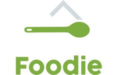 the logo for foodie with a green spoon and knife in it's center