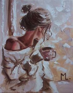 a painting of a woman holding a cup