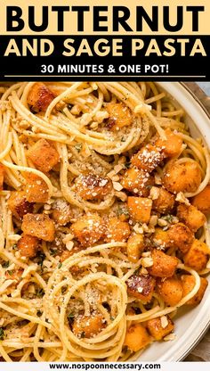 butternut and sage pasta in a white bowl with text overlay