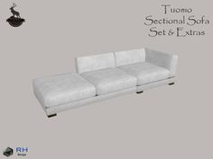 a white couch sitting on top of a gray floor next to a wall with the words tumo sectional sofa set & extra