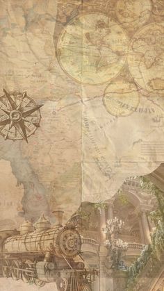 an old map with a train on it and a compass in the middle is shown