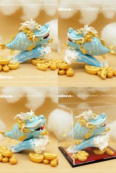 four different views of a blue and gold dragon figurine