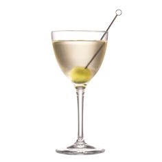 a martini glass with an olive in it and a stick sticking out of the top