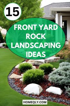 front yard rock landscaping ideas with text overlay