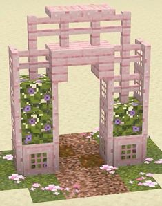 an image of a pink gate made out of blocks with flowers on the outside and inside