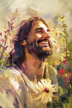 a digital painting of jesus smiling and surrounded by flowers