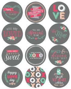 six different valentine's day stickers with the words love, you are loved and happy