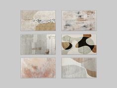 four abstract paintings with different shapes and sizes on them, all in shades of grey