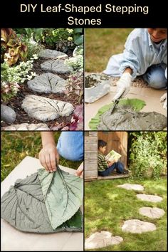 four pictures showing how to make leaf shaped stepping stones in the garden with text overlay that reads diy leaf - shaped stepping stones