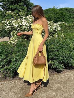 Lettuce Trim Slit Midi Dress Lemonade Dress, Y2k Aesthetic Fashion, Outfit Chic, Outfit Vintage, Yellow Midi Dress, Looks Party, Looks Chic, Bustiers, Guest Outfit