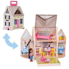 the doll house is open and has furniture inside