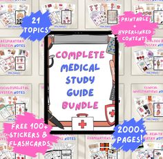 the complete medical study guide bundle is shown in blue and pink, with several pictures on it