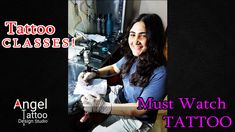 a woman is getting her tattoo done in front of a black background with the words, tattoo classes must watch tattoo