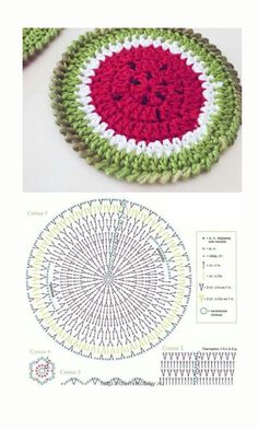 a crocheted watermelon coaster is shown with instructions to make the pattern