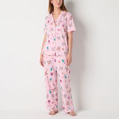 This women's pajama set by Sleep Chic has an all-over print and adds extra coziness to your sleepwear rotation. Made from soft stretch-jersey, it includes a collared short-sleeve top with a button-front closure, and a pair of matching pants with an elastic-drawstring waist and side slip pockets.# Pieces In Set: 21st Piece Description: Top1st Piece Collar: Notch Collar1st Piece Pockets: 1 Chest Slip Pocket(s)1st Piece Apparel Length: 26 Inches1st Piece Fabric: Jersey1st Piece Fiber Content: 95% P Womens Pyjama Sets, Matching Pants, Pajama Sets, Drawstring Waist, Pajama Set, Short Sleeves Tops, Sleeve Top, Pajamas, Pants For Women