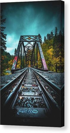 an old train track with graffiti on it and trees in the background metal print by panoramic images