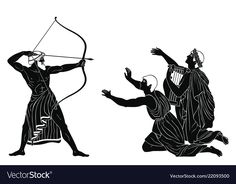 two ancient greek men with bow and arrow, one is aiming at the other man