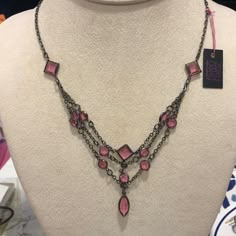 This Necklace Is So Pretty! Pink Bezel Set Crystals Look Amazing Set In This Unique Dark Gunmetal Setting. 16”-18” Layer Chains Lobster Claw Dark Black Gunmetal Finish 2e Box Black And Pink Jewelry, Pink And Black Necklace, Pink Goth Jewelry, Pink And Black Accessories, Pink Gothic Jewelry, Bezel Set Necklace, Pink Goth, Dot Necklace, Dark Jewelry