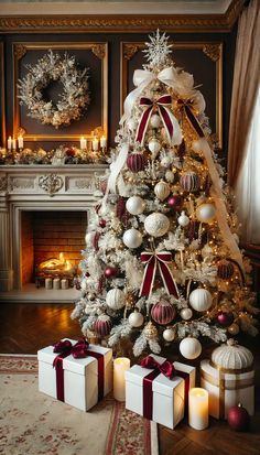 a decorated christmas tree with presents under it