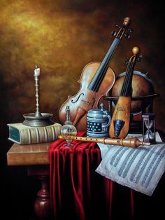 a painting of musical instruments on a table