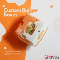 an open burger box sitting on top of a white and orange background with the word, custom burger boxes