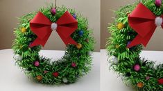 two pictures of a wreath made out of fake grass with red bow on top and green grass around it