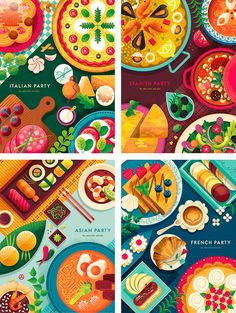 four different illustrations of food and drinks on plates, with the words italian party above them