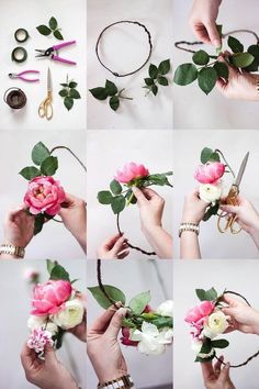 the process of making a flower crown with flowers, scissors and other things to make it