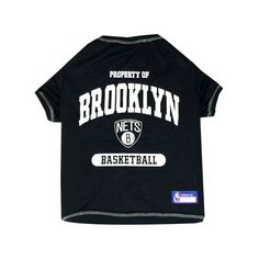 Get your sporty sidekick in the spirit for game day with Pets First Brooklyn Nets Dog T-Shirt! This incredible look is officially licensed and designed to make your canine feel comfortable and confident. It has your paw-tner's favorite team name and logo screen printed in their iconic team colors, plus a woven jock tag label for your pet's name! Made of poly-cotton materials and trim stitches, this T-shirt is not only comfy, but it's also machine washable for hassle-free cleaning! Features: Incl Streetwear T Shirt Design, Brooklyn Nets Logo, Basketball Graphics, Concert Merch, Dog Jersey, Feb 25, Merch Design, Wire Dog Crates, Sport Online