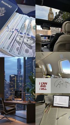 a collage of photos with cars and buildings in the background, including an autographed one hundred dollar bill