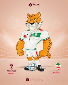 an illustrated image of a tiger wearing a jersey and soccer shoes, standing in front of a stadium