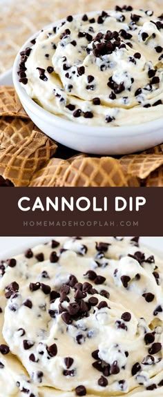 this is an image of a chocolate chip cookie dip with cream and chocolate chips on top