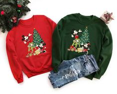 Disney Mickey And Minnie Christmas Tree Sweatshirt Pink Santa Hat, Christmas Tree Snow, Snow Design, Ugly Christmas Shirts, Christmas Sweaters For Women, Dinosaur Shirt, Santa Shirts, Winter Shirts, Sweater Style