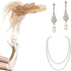 Season:All Seasons; What's in the box:Gloves,Headband,Necklace,Earrings; Types:Outfits; Holiday:Halloween; Style:1920s,The Great Gatsby; Occasion:Halloween; Material:Feather; Listing Date:09/12/2023 Roaring 20s Flapper, Gatsby Accessories, 1920s Accessories, Flapper Accessories, Flapper Headpiece, Gatsby Costume, Headband Pearl, 20s Flapper, Feather Fashion