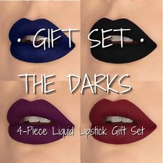 COLORS This bundle includes 4 colors: Frostbite - Dark navy blue Underworld - True black Amethyst - Dark warm purple Rubies - Cool toned muted red Please note that all screens may display color differently, in addition to picture please also use descriptions and reviews to indicate accurate color.  WHIPPED MATTE LIQUID LIPSTICK Our whipped matte liquid lipsticks are a comfort matte formula that dries down entirely matte, but still has a diffused soft touch. This formula prioritizes minimizing tr Lipstick Gift Set, Warm Purple, Muted Red, Black Amethyst, Matte Liquid Lipstick, Cool Tones, Propylene Glycol, Sweet Almond Oil, Almond Oil