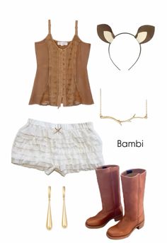 a woman's outfit and accessories including boots, headbands, earring