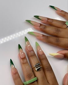 Basic Glam Nails, Green Stilettos Nails, Dark Green Acrilyc Nails, Earthy Nails Acrylic Almond, Green Acrilyc Nails, Green Nails With Charms, Green Themed Nails, Steletoes Nails, Green Baddie Nails