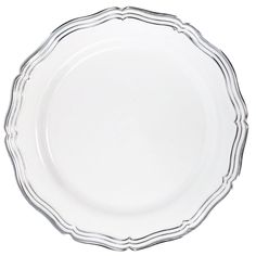 a white plate with silver trimmings on the rim and bottom, against a white background