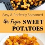 an air fryer with sweet potatoes in it and the words easy & perfectly seasoned air fryer sweet potatoes