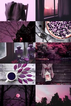 a collage of photos with purple and pink hues