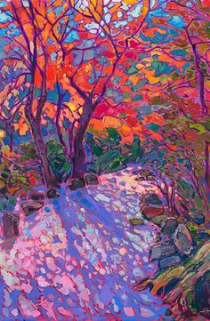 an oil painting of trees and rocks in the woods with bright colors on them,