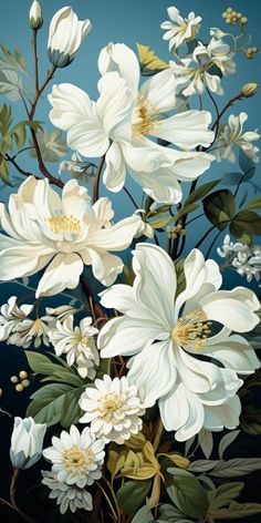 a painting of white flowers on a blue background