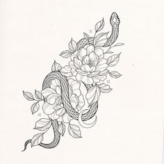 a black and white drawing of a snake with flowers on it's back side