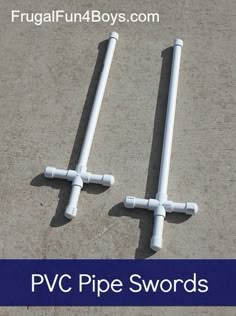 two white pipe swords sitting on top of a cement floor with the words pvc pipe swords written below them