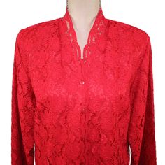 This lovely red lace blouse is a long sleeve button up and was made in Korea by Karen Scott. The blouse is collarless with a subtle scalloped edge. The blouse has a casual fit and shoulder pads (easily removed). The top is in new with tags attached condition. Hand wash, dry flat. Marked petite large ~ MEASUREMENTS compare to SIZE - Large Between shoulder seams ~ 16-1/2 inches Sleeve length ~ 24 inches Armpit to armpit ~ 21 inches * Bust up to 42 inches Waist ~ 39-3/4 inches Length from top of sh Formal Long Sleeve Lace Top, Long Sleeve Lace Top For Daywear, Elegant Red Tops With Lace Trim, Red Lace Blouse For Spring, Elegant Red Top With Lace Trim, Elegant Red Lace Trim Top, Red Lace Long Sleeve Top, 1980s Clothes, Red Lace Blouse