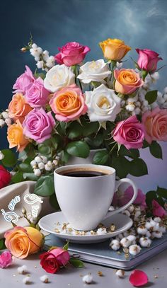 a cup of coffee sitting on top of a saucer next to a bouquet of roses