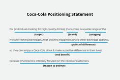 the word coca cola positioning statement is shown in blue and white letters on a light gray background