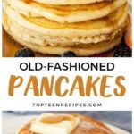 old - fashioned pancakes with butter and syrup on top