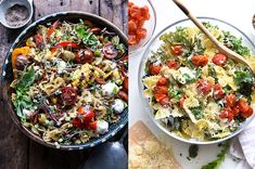 two pictures of different types of food in bowls and on the same table, one with bread